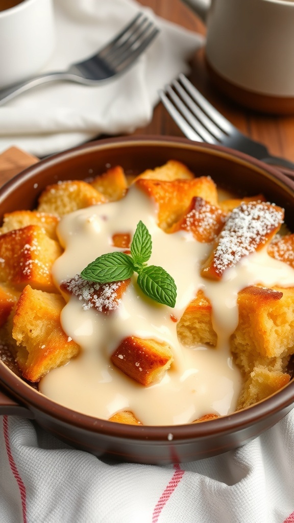 A warm bowl of bread pudding drizzled with vanilla sauce, garnished with powdered sugar and mint, on a rustic table.